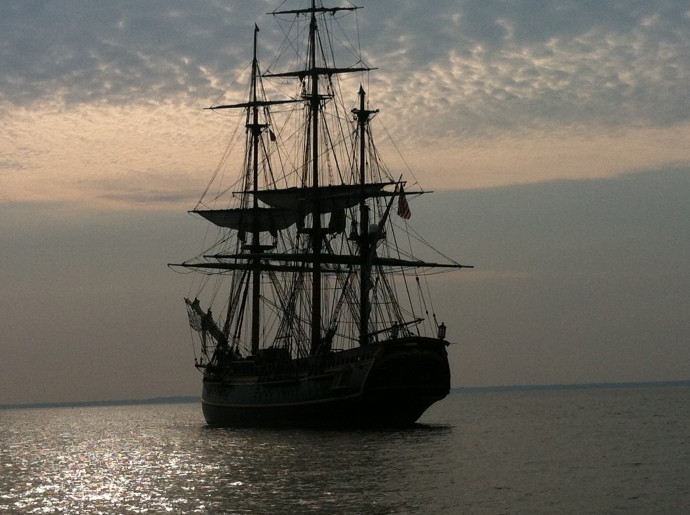 The replica HMS Bounty, lying at anchor in Sassafras River (MD), later was lost at sea in Hurricane Sandy.
