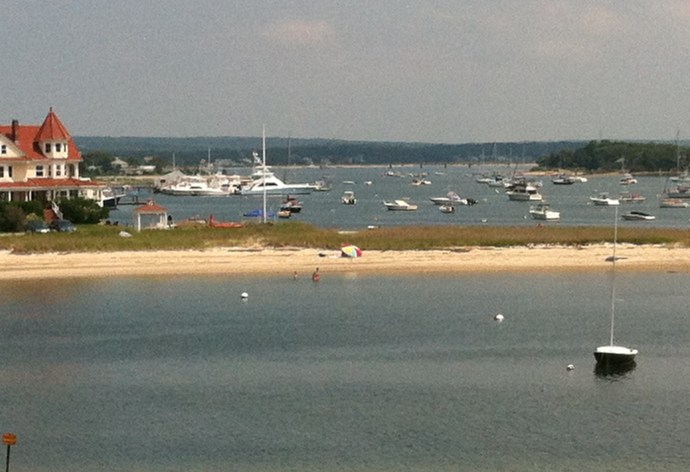 A long sandy bar separates the harbor at Onset,  sheltered from virtually all directions