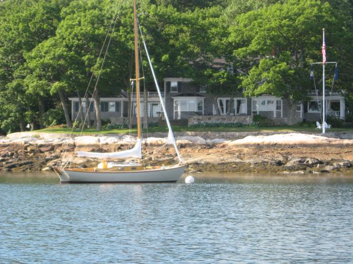 Molly Bawn rests quietly off the pier at East Anchorage, the Crawford's beautiful Blue Hill home.