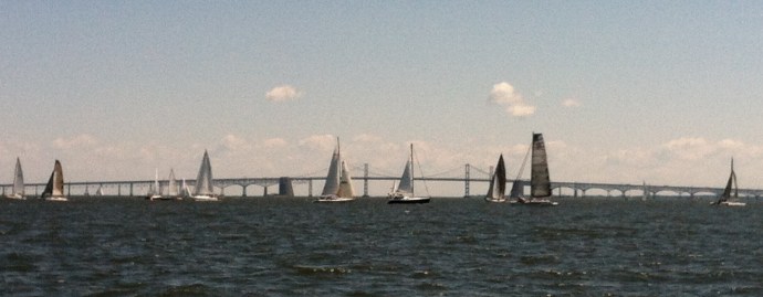 Part of the large fleet assembled before the start of the Leukemia Cup Regatta at the mouth of the Severn River.
