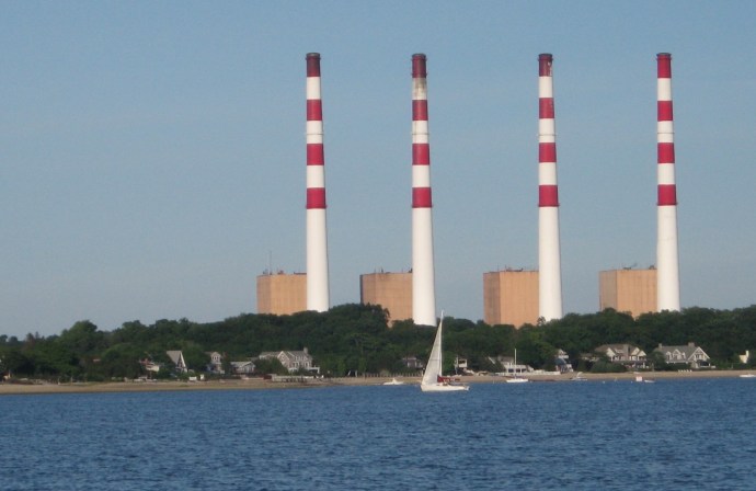 The four striped stacks are an unmistakable landmark for sailors seeking harbor at Northport, Long Island.