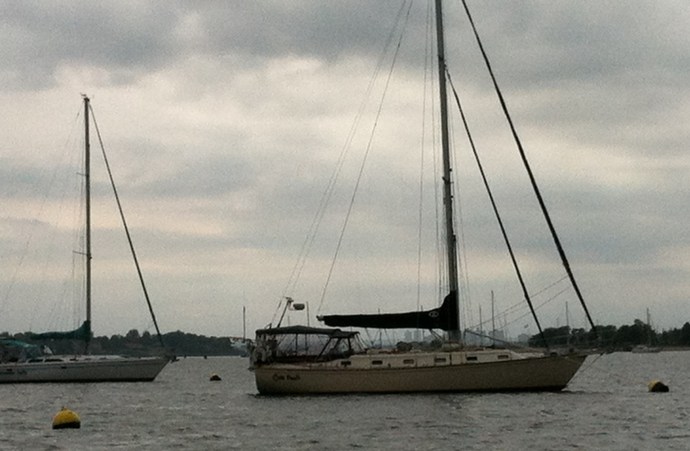 Manhasset Bay is a good harbor in the easterly that blew this day, testing the town moorings.