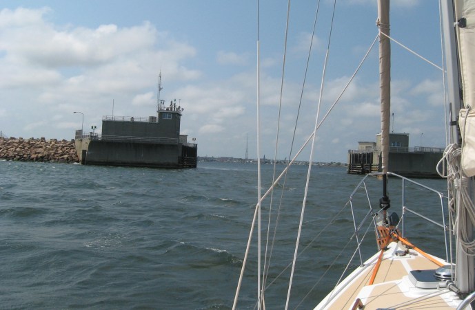 The miles-long breakwaer and giant gates make New Bedford one of the safest harbors in the east.