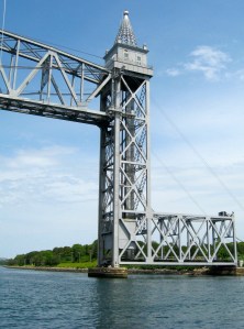 One of three spans that cross the canal, the railroad bridge remains up except when trains approach.