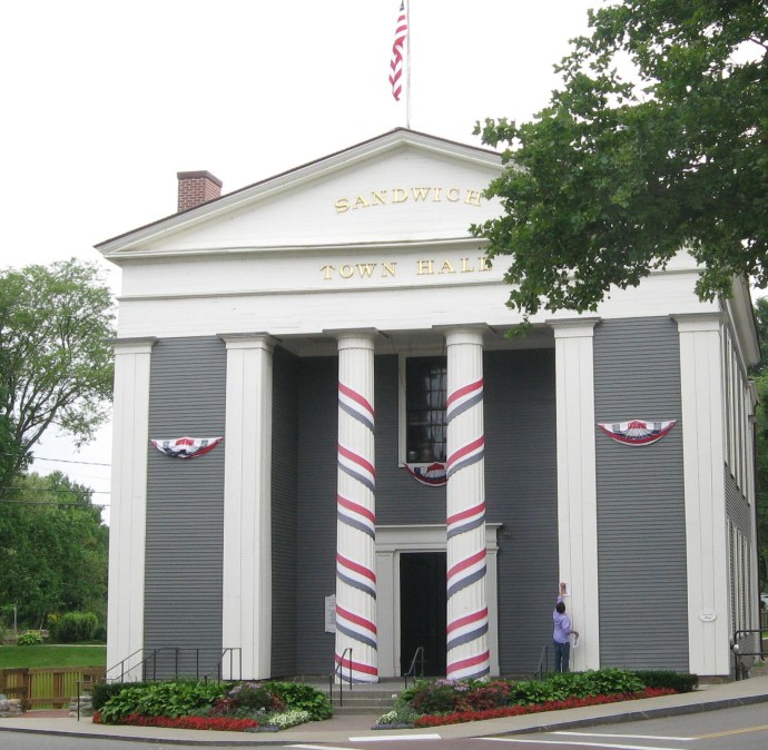 Built in 1834, the Greek Revival Town Hall is dressed to celebrate the town's 375th anniversary.