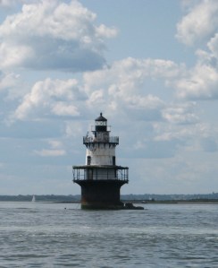 A classic light marks the shoal at the southern tip of Hog Island.