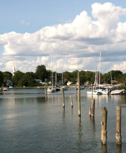 Boats in Wickford moor to pilings, the old school way.