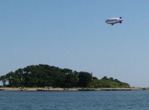 The crew of the airship Met-Life swung over the island to say hello.