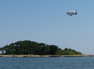 The crew of the airship Met-Life swung over the island to say hello.