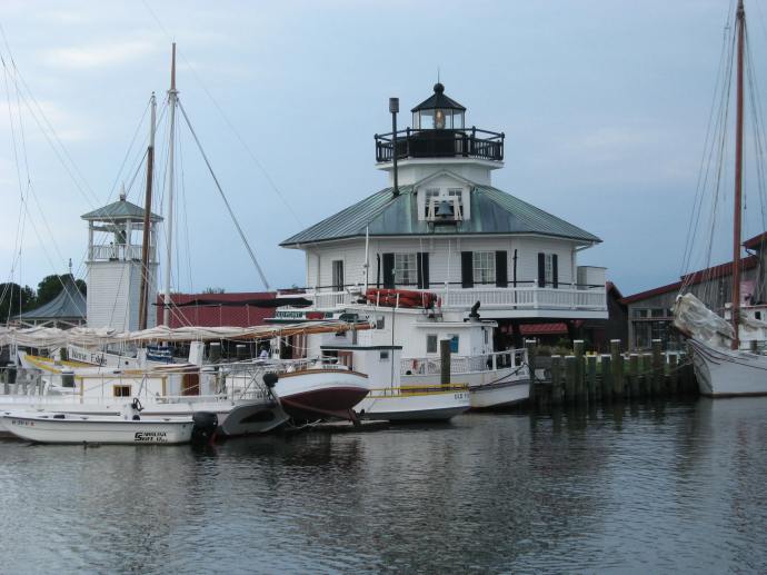 A fleet of Chesapeake Bay classics is moored at the museum pier in St. Michael's.