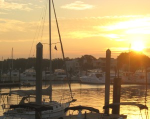 The sun rises over the yachts and palms at the Isle.