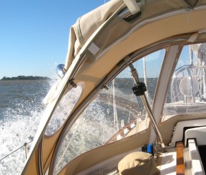 Pounding up river send spray over the Bimini!