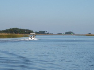 Weeekend fishermen chase their catch mong the maze of marshes.