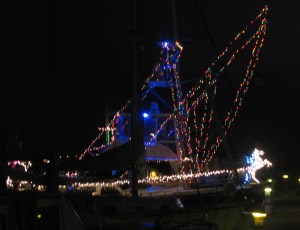 They string lights during the day, test at night.