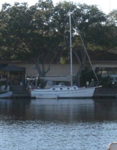 Steadfast nestled in for the night on the dinghy dock.