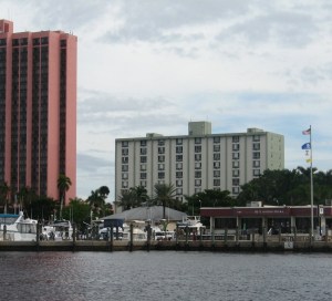 Palms line the shore at the Yacht Basin.