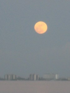A tangerine moon glows through the haze over Shell Point.