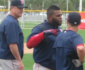 Pablo Sandoval offers an opinion to Dustin Pedroia while "Skip" listens in.
