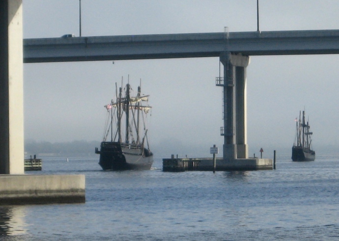 Passing under the Edison Bridges and into the river fog.