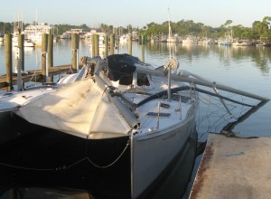 TowBoat brought her into the travel lift slip after dark.